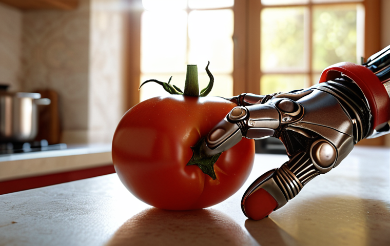 **Prompt:** A bionic hand delicately holding a ripe tomato in a sun-drenched Italian kitchen. Focus on the intricate details of the sensors and the realistic skin-like texture of the prosthetic. Soft, natural light, high resolution.