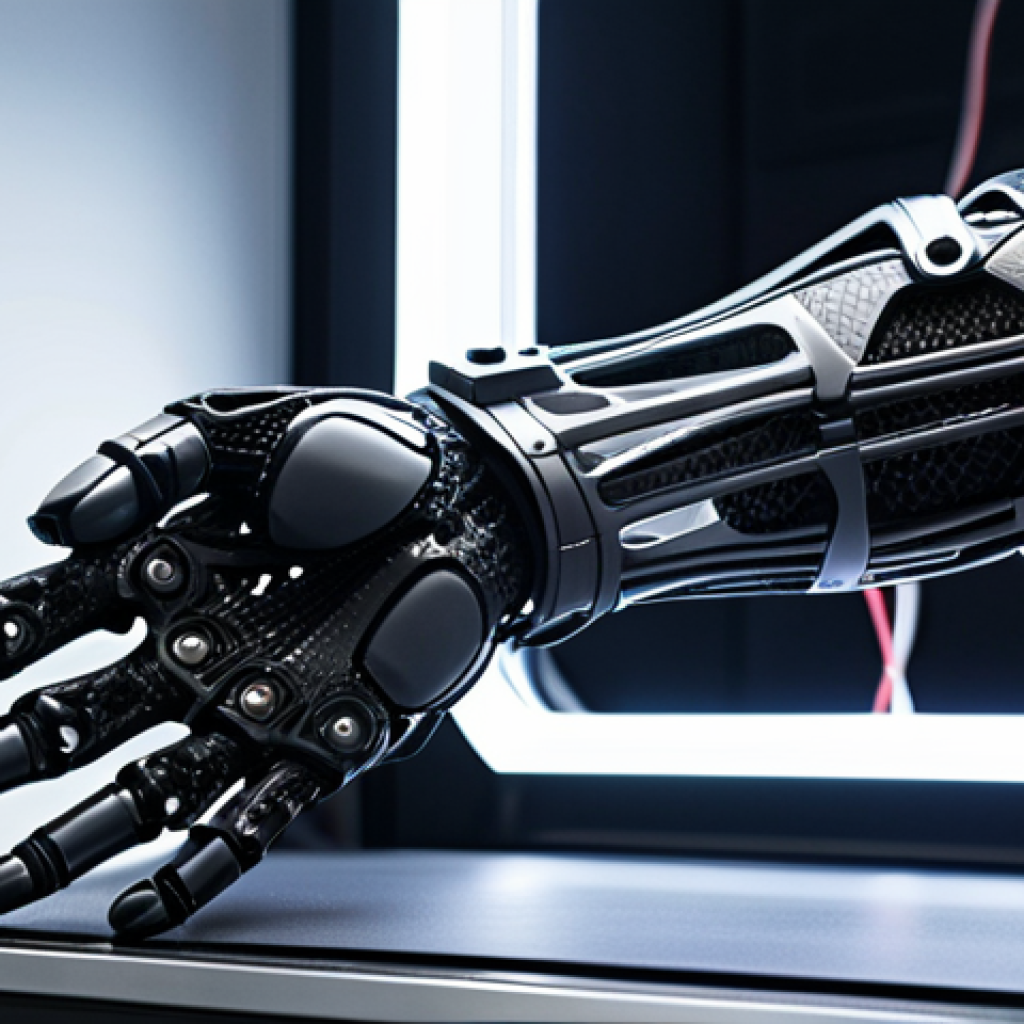 **A futuristic, personalized bionic arm being 3D printed in a high-tech laboratory. The arm is sleek and modern, with visible sensors and advanced materials like titanium and carbon fiber. Focus on the intricate details and the seamless integration of technology and design. Lighting should be bright and clean, emphasizing the precision of the manufacturing process.**