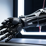 **A futuristic, personalized bionic arm being 3D printed in a high-tech laboratory. The arm is sleek and modern, with visible sensors and advanced materials like titanium and carbon fiber. Focus on the intricate details and the seamless integration of technology and design. Lighting should be bright and clean, emphasizing the precision of the manufacturing process.**