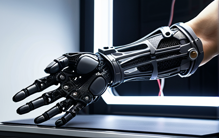 **A futuristic, personalized bionic arm being 3D printed in a high-tech laboratory. The arm is sleek and modern, with visible sensors and advanced materials like titanium and carbon fiber. Focus on the intricate details and the seamless integration of technology and design. Lighting should be bright and clean, emphasizing the precision of the manufacturing process.**