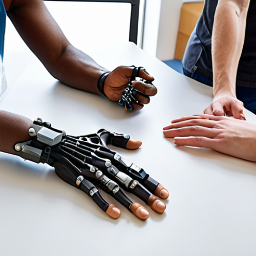 Home 21 **Image Prompt:** A diverse group of people, including engineers, therapists, and patients with bionic limbs, collaborating around a table covered in prosthetic designs and 3D printed prototypes. The atmosphere is collaborative and innovative.