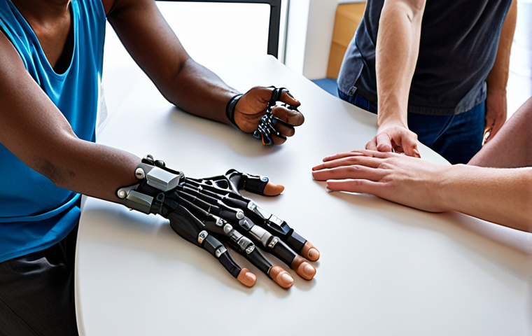 **Image Prompt:** A diverse group of people, including engineers, therapists, and patients with bionic limbs, collaborating around a table covered in prosthetic designs and 3D printed prototypes. The atmosphere is collaborative and innovative.