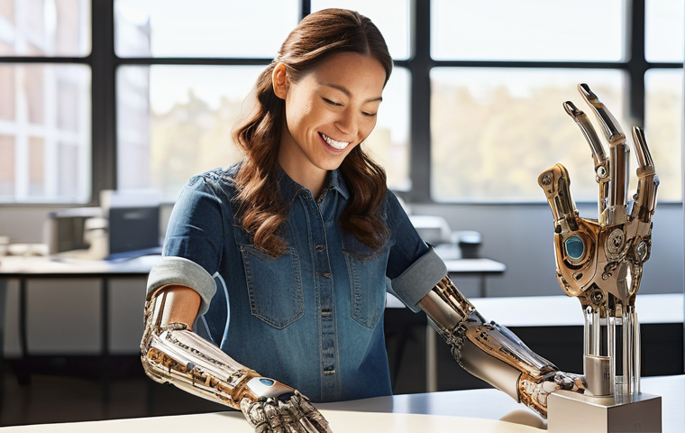 바이오닉 보철의 법적 제도적 측면 - **Prompt 1: Advanced Bionic Arm in a Creative Workspace**
A 30-year-old female artist, dressed i...