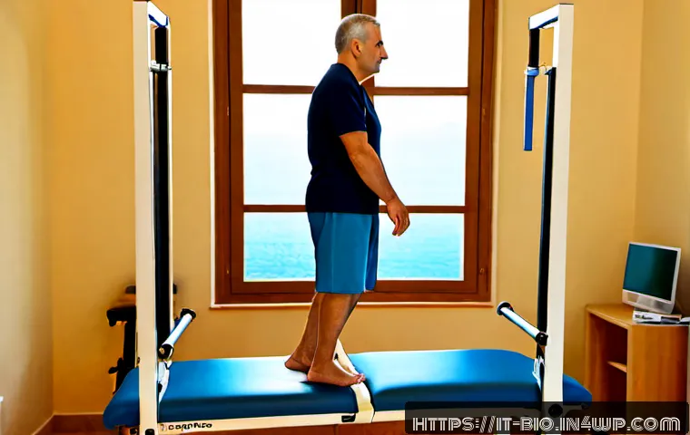 바이오닉 보철의 생리학적 적응 과정 - Photorealistic Italian rehabilitation clinic, a middle-aged man wearing a sleek below-knee bionic pr...