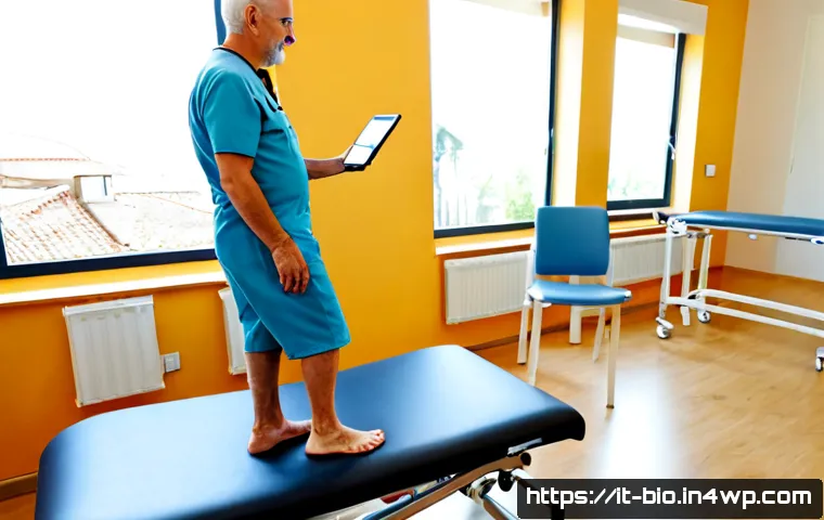 바이오닉 보철의 평가 및 인식 제고 방안 - Photorealistic rehabilitation assessment in a bright modern Italian clinic, an older adult wearing a...
